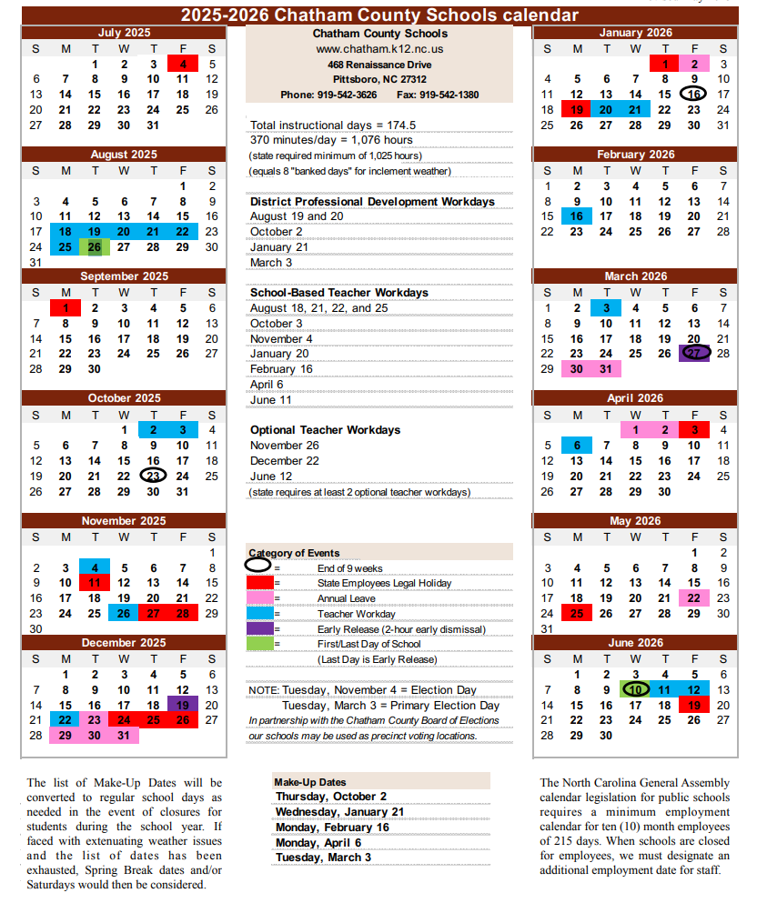 Chatham County School Calendar 2025-2026