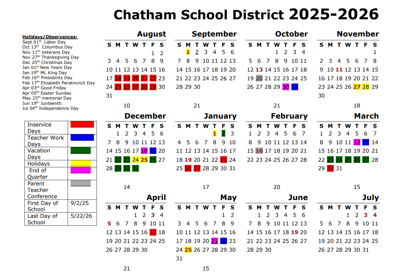 Chatham County School District Holidays 2025-2026 Calendar