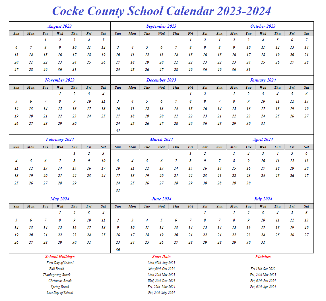 Cocke County School Calendar 20232024 & Academic Holidays