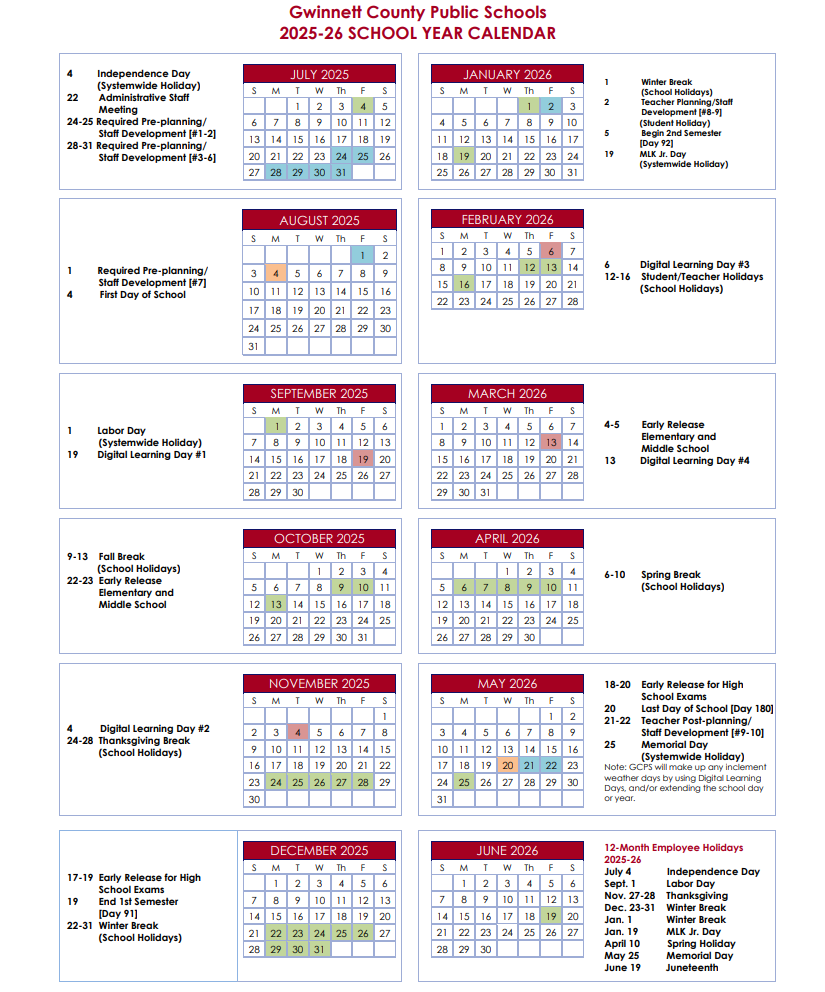Gwinnett County School Calendar 2025-2026