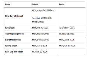 Richmond County Public Schools Holiday Calendar 2025-2026