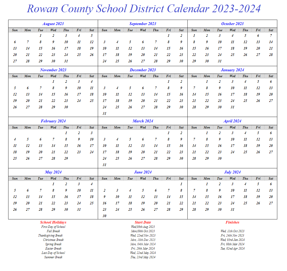 Rowan County School District Calendar 20232024 My School District