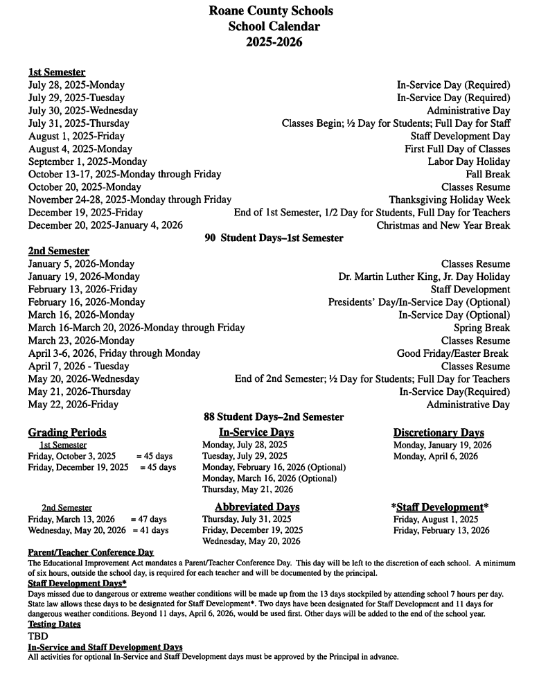 Rowan County School District Calendar 2025-2026