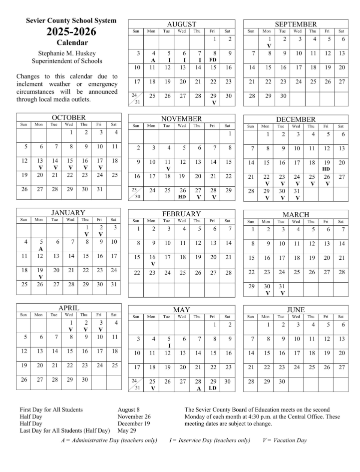 Sevier County School Calendar 2025-2026