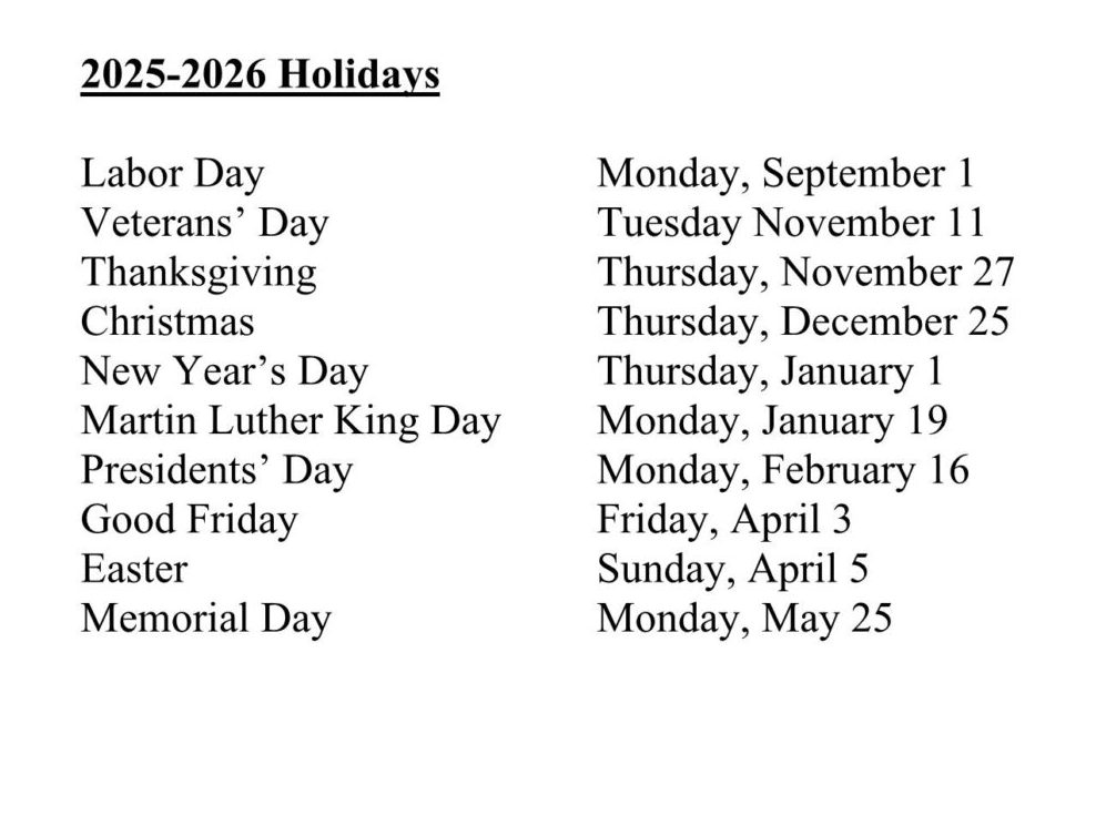 Sevier County School District Holiday Calendar 2025-2026