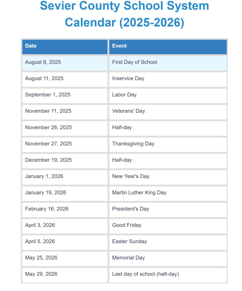 Sevier County School Holidays 2025-2026