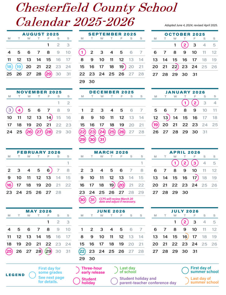 Chesterfield County School Calendar 2025-2026