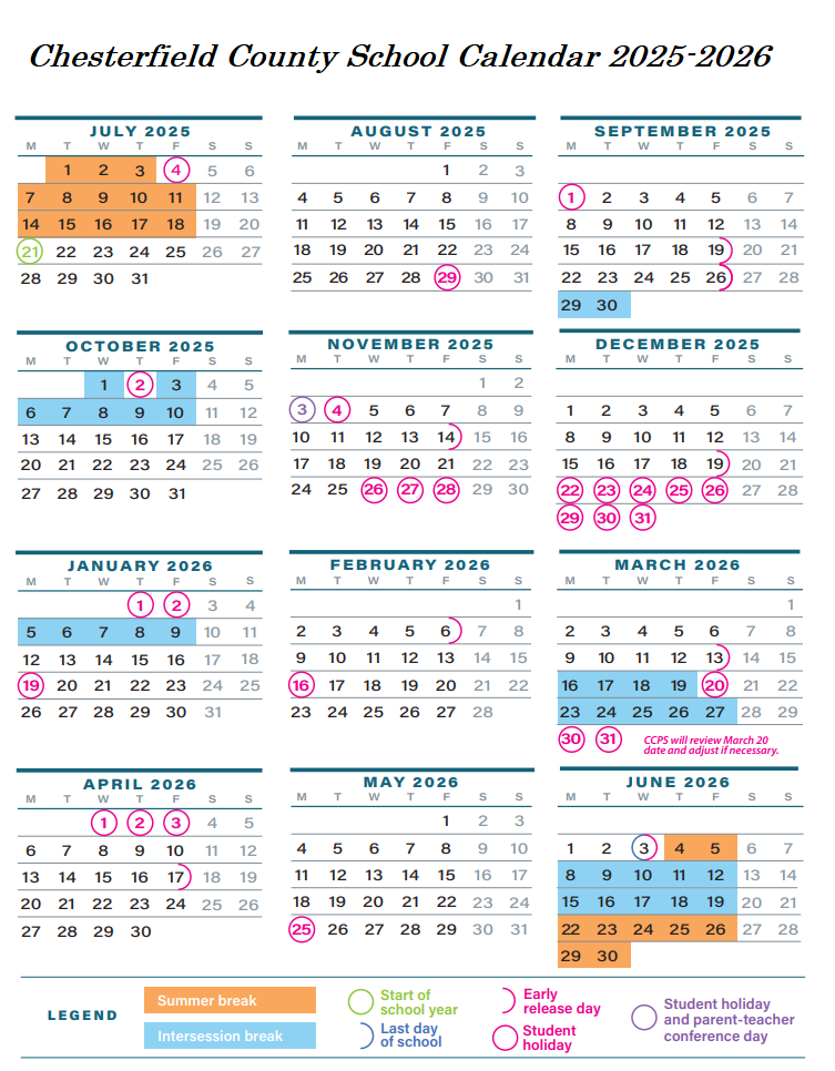 Chesterfield County School District Holidays 2025-2026