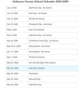 Gahanna County School Holiday Calendar 2025-2026