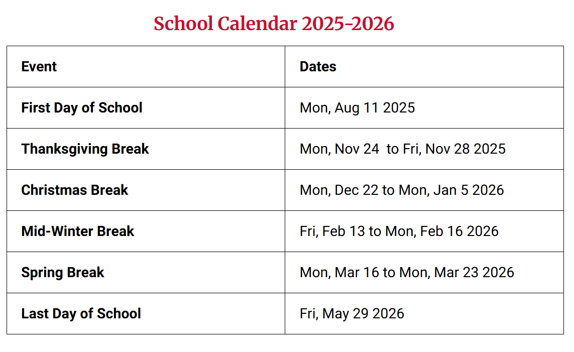 Hillsborough Township Public Schools Holiday Calendar 2025-2026