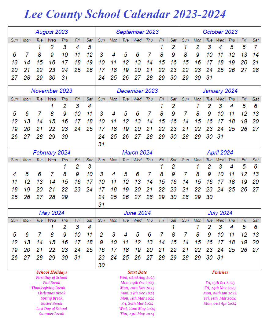 Lee County School Calendar 2024 Nerty Tiphanie