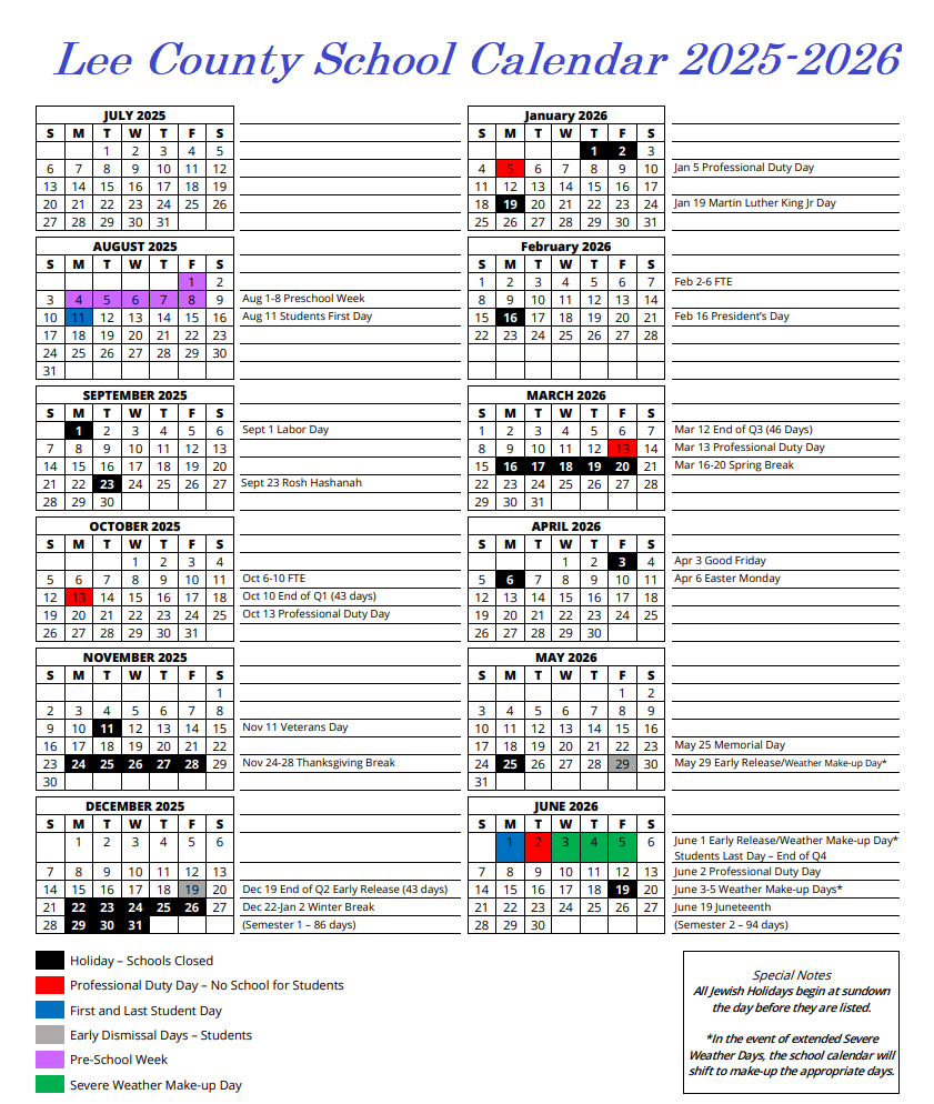 Lee County School Calendar 2025-2026