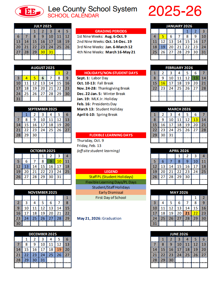 Lee County School District Calendar 2025-2026