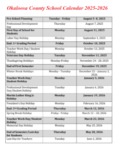 Okaloosa County School Holiday Calendar 2025-2026