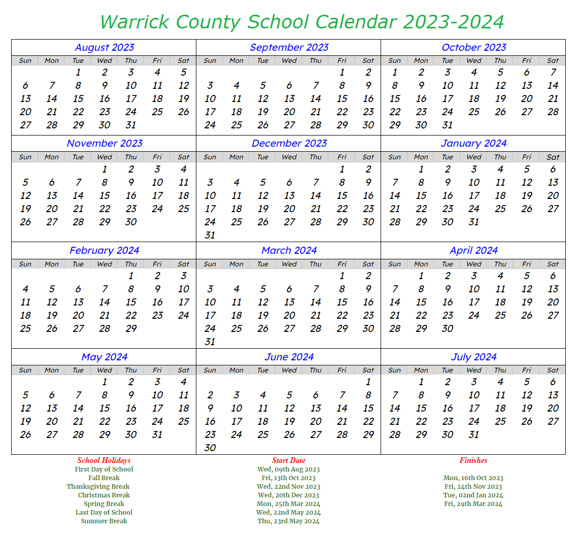 Warrick County School Calendar 20232024 With Academic Holidays