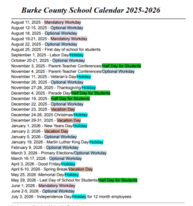 Burke County Public School Holidays 2025-2026