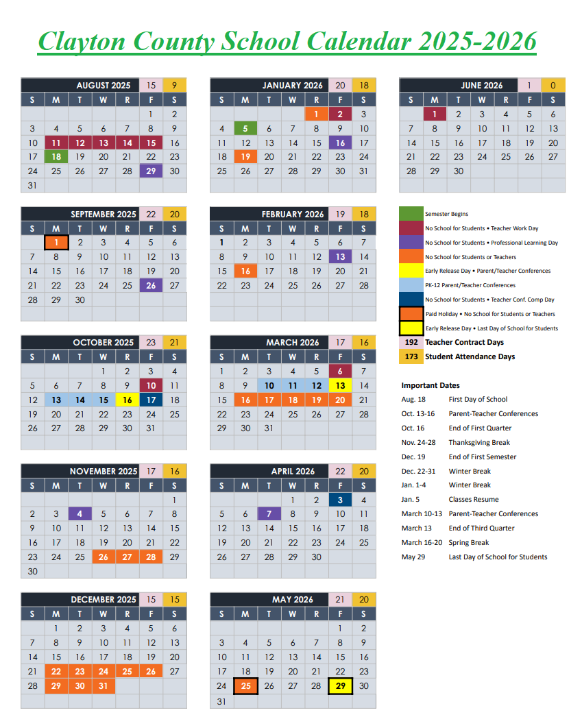 Clayton County School Calendar 2025-2026