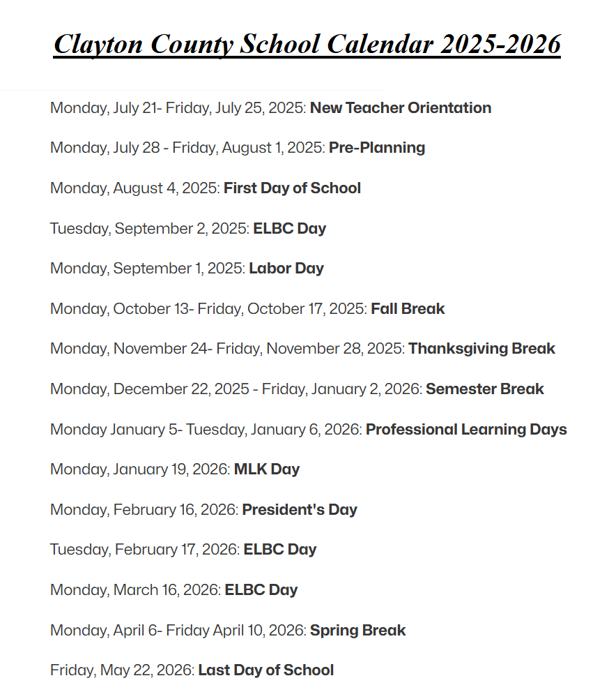 Clayton School District Holiday Calendar 2025-2026