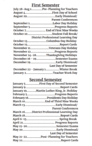 Columbia County Public School Holidays 2025-2026