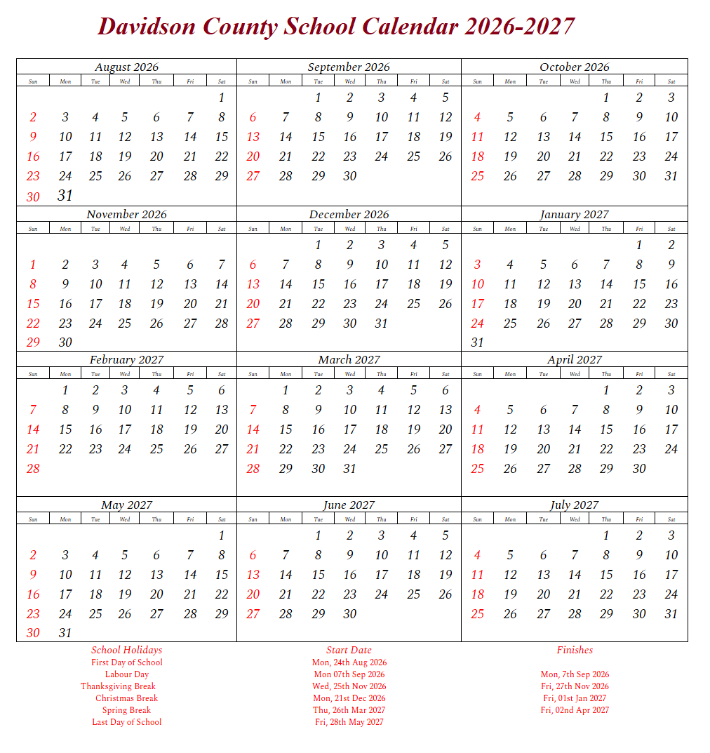 Davidson County School Calendar 2026-2027