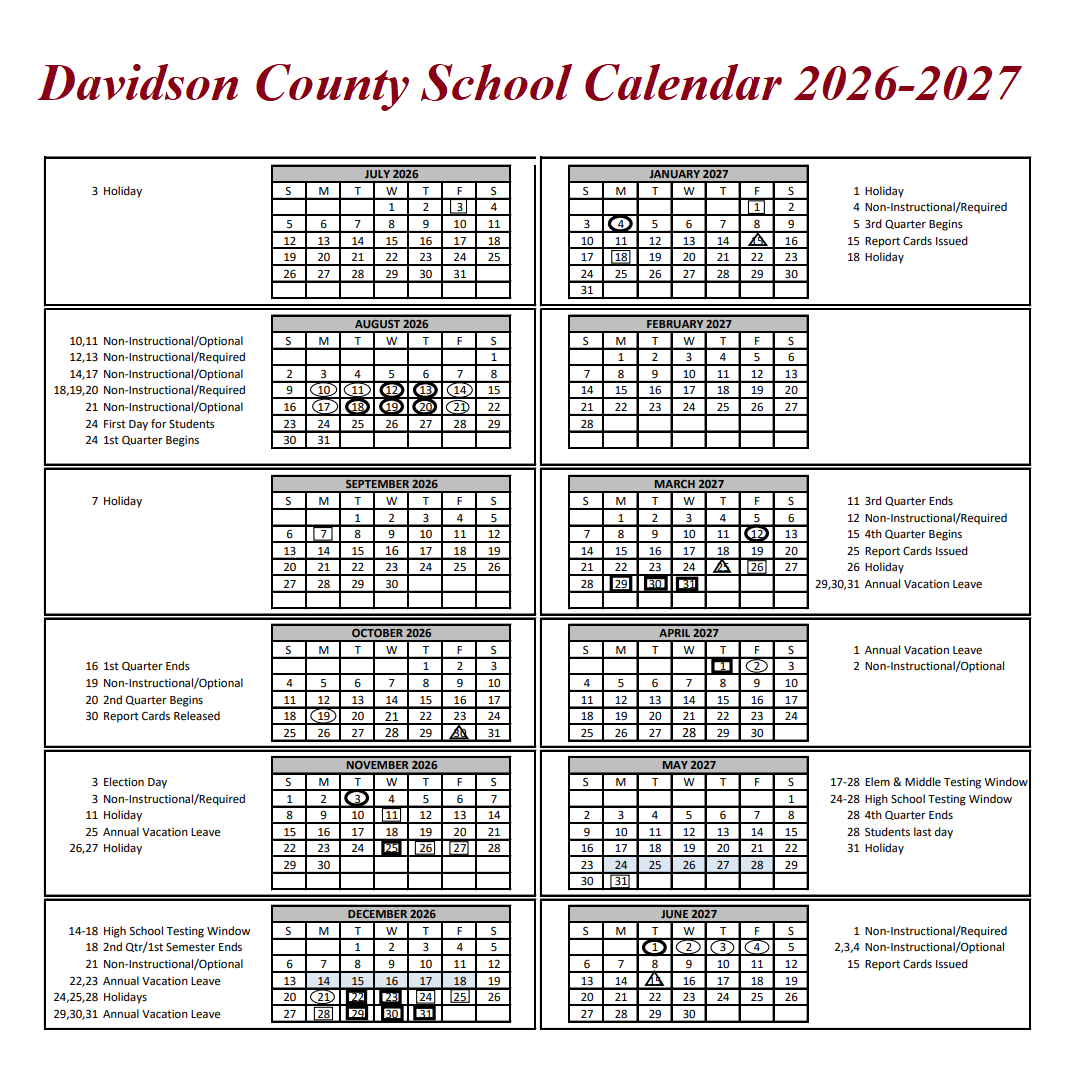 Davidson County School Holiday Calendar 2026-2027