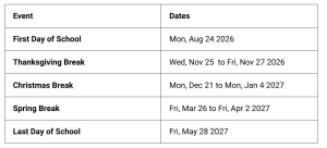 Davidson County School Holidays 2026-2027