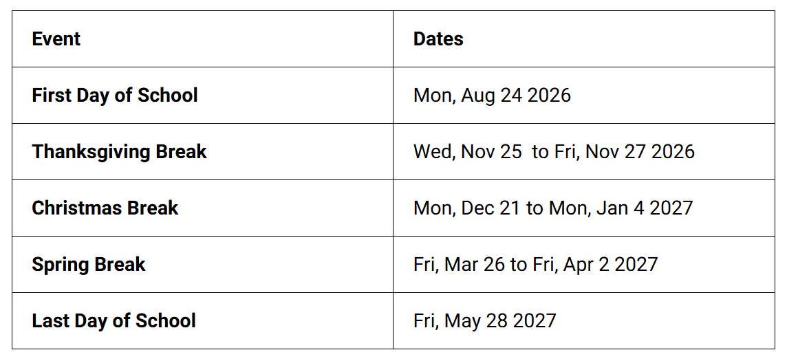 Davidson County School Holidays 2026-2027