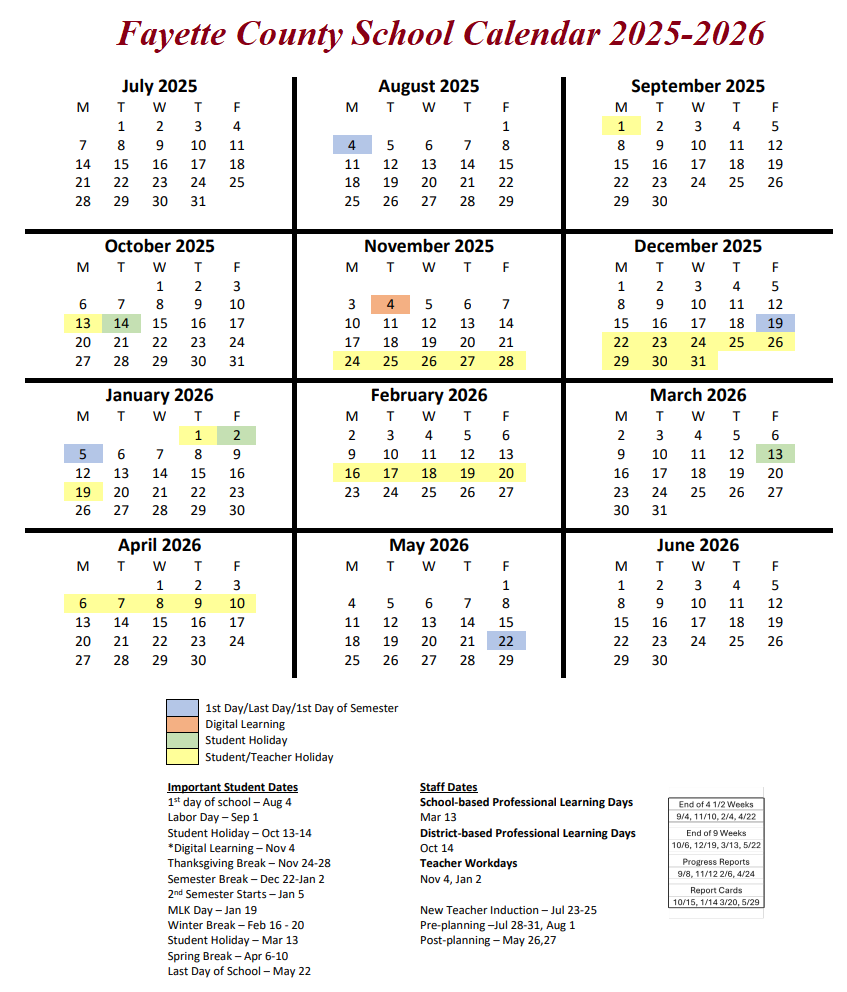 Fayette County School Calendar 2025-2026