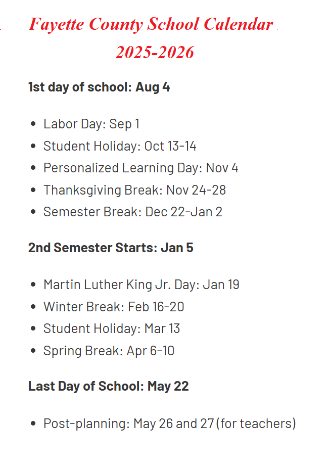 Fayette County School Holidays 2025-2026