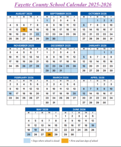 Fayette School District Holiday Calendar 2025-2026