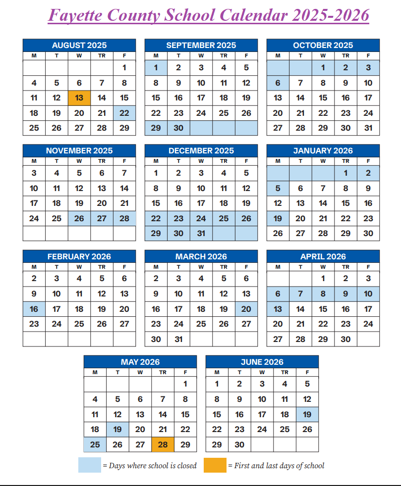 Fayette School District Holiday Calendar 2025-2026