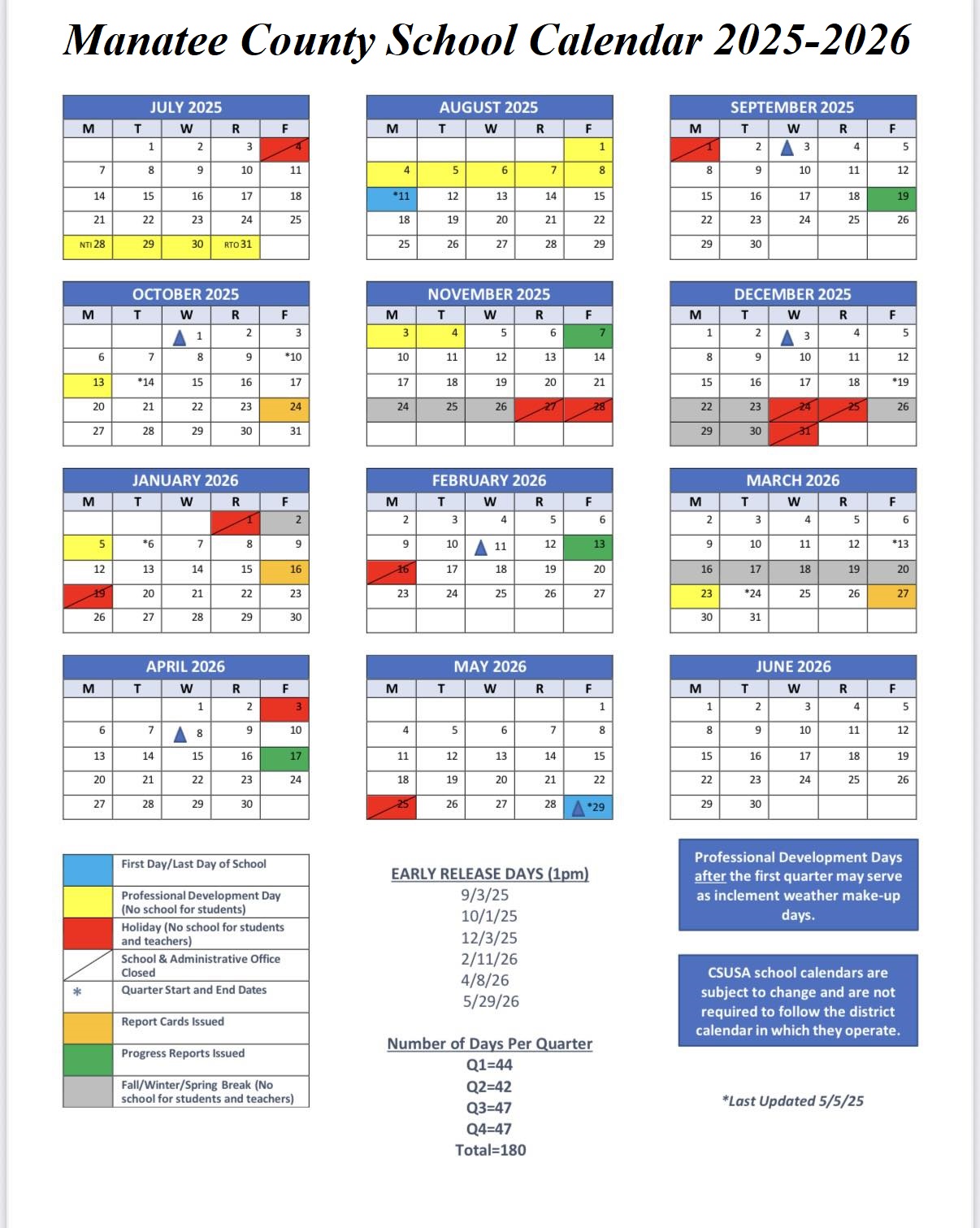 Manatee County School Holidays 2025-2026
