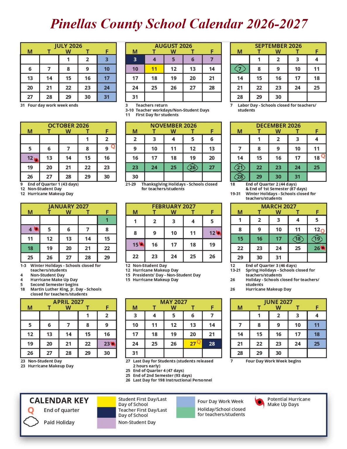 Pinellas County School Calendar 2026-2027