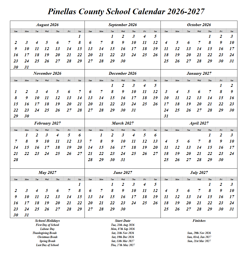 Pinellas County School Holiday Calendar 2026-2027