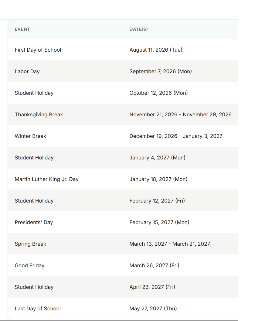 Pinellas County School Holidays 2026-2027