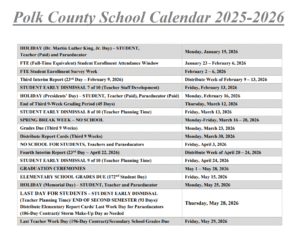 Polk County School Holidays 2025-2026