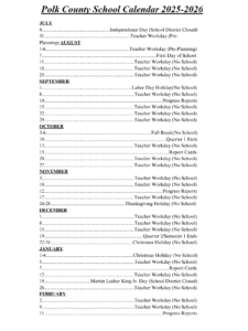 Polk County School Holidays Calendar 2025-2026