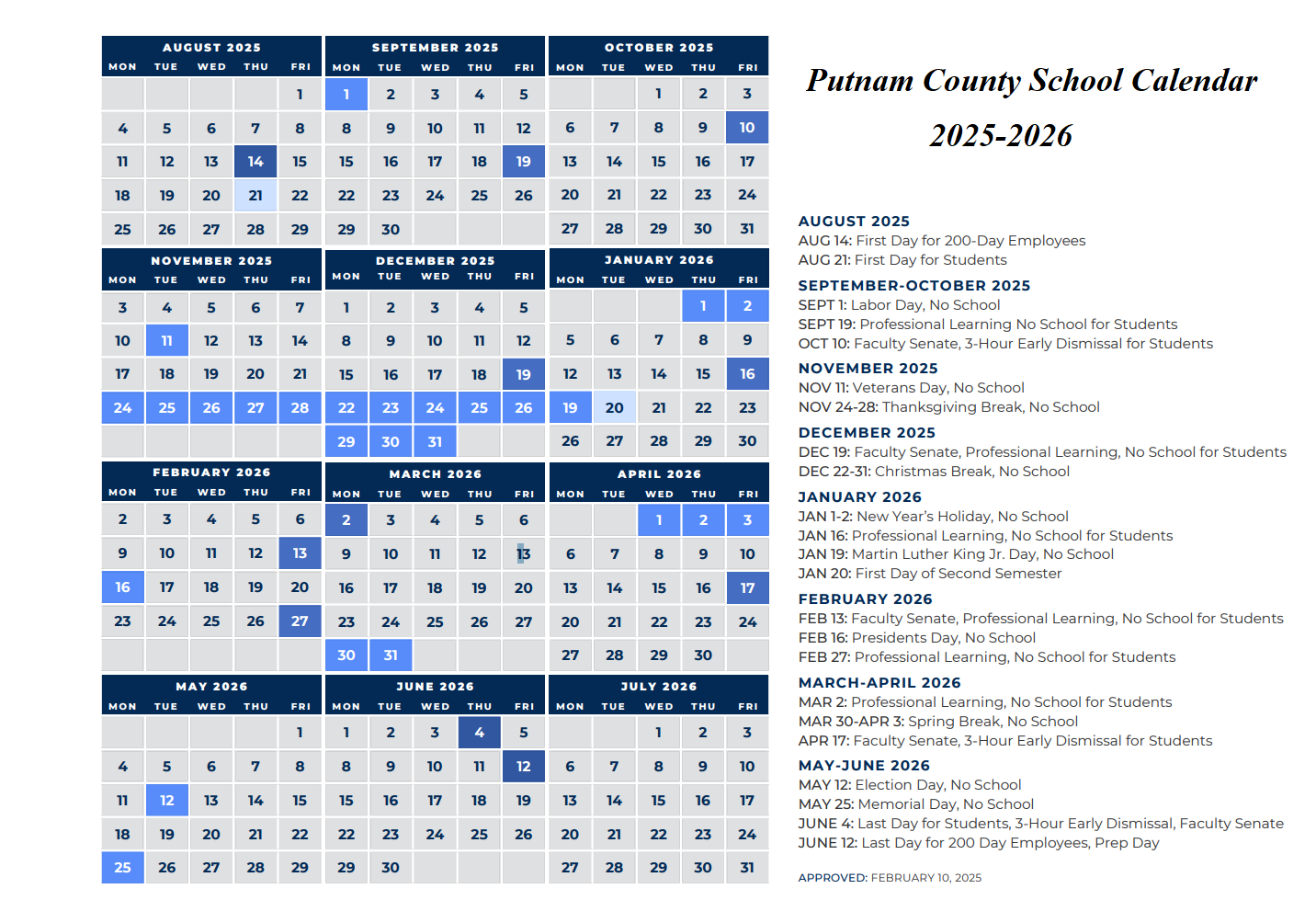 Putnam County School Calendar 2025-2026