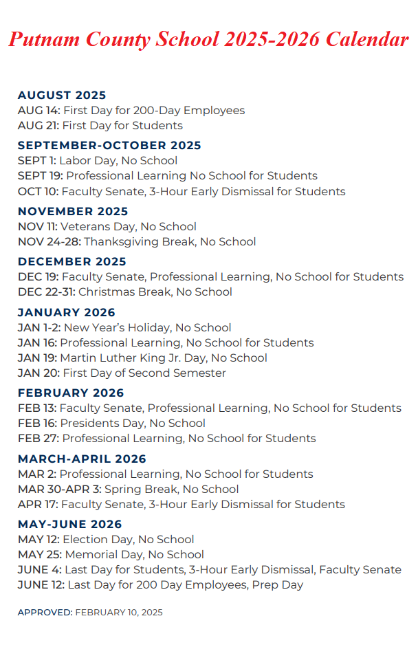 Putnam County School Holidays 2025-2026