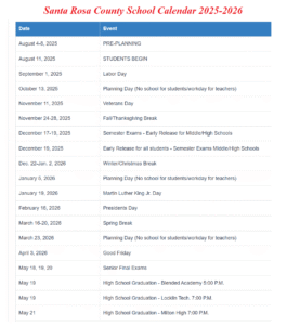 Santa Rosa County District Schools Holiday Calendar 2025-2026