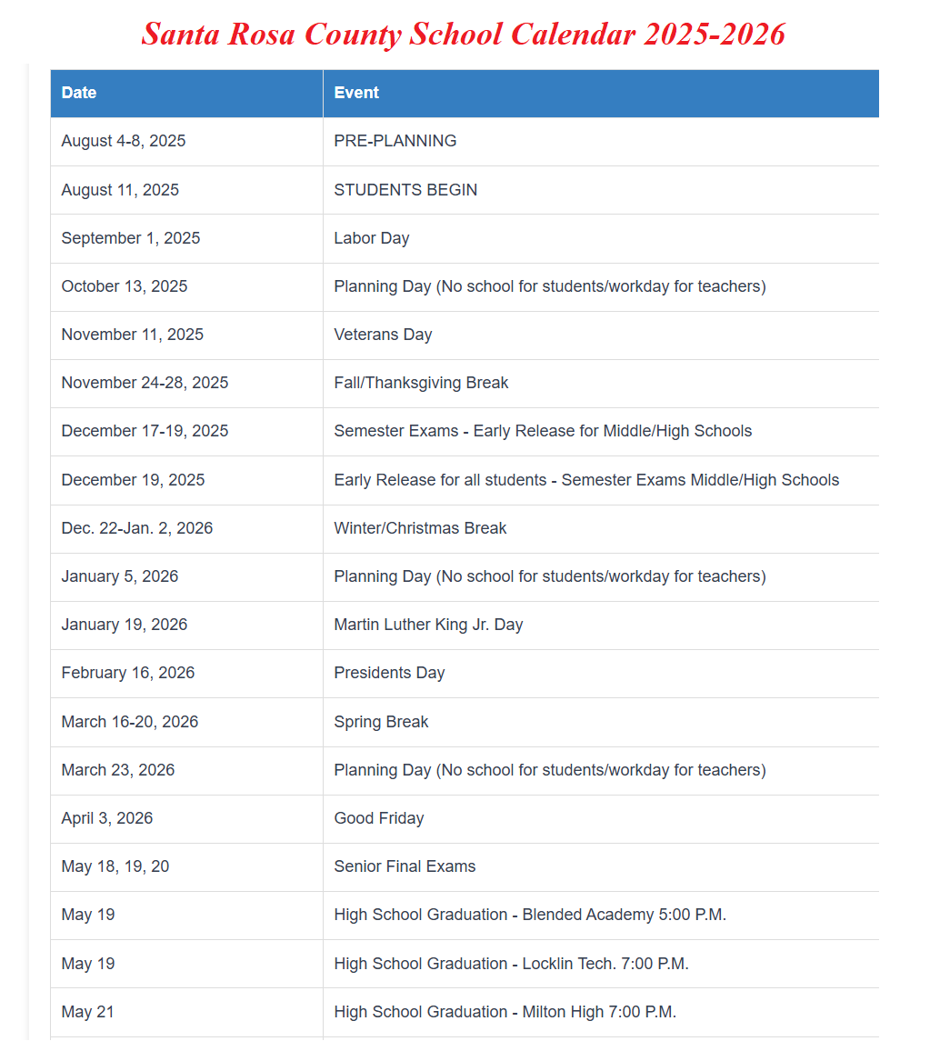 Santa Rosa County District Schools Holiday Calendar 2025-2026