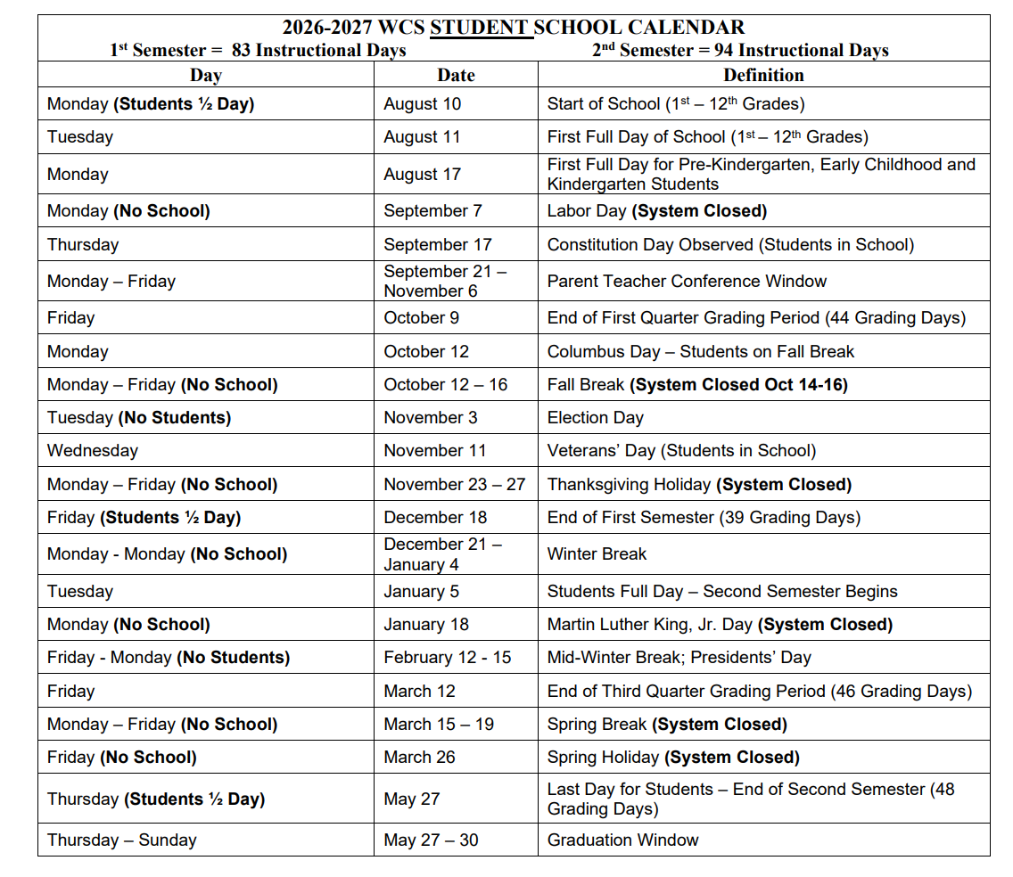 Williamson County School Calendar 2026-2027
