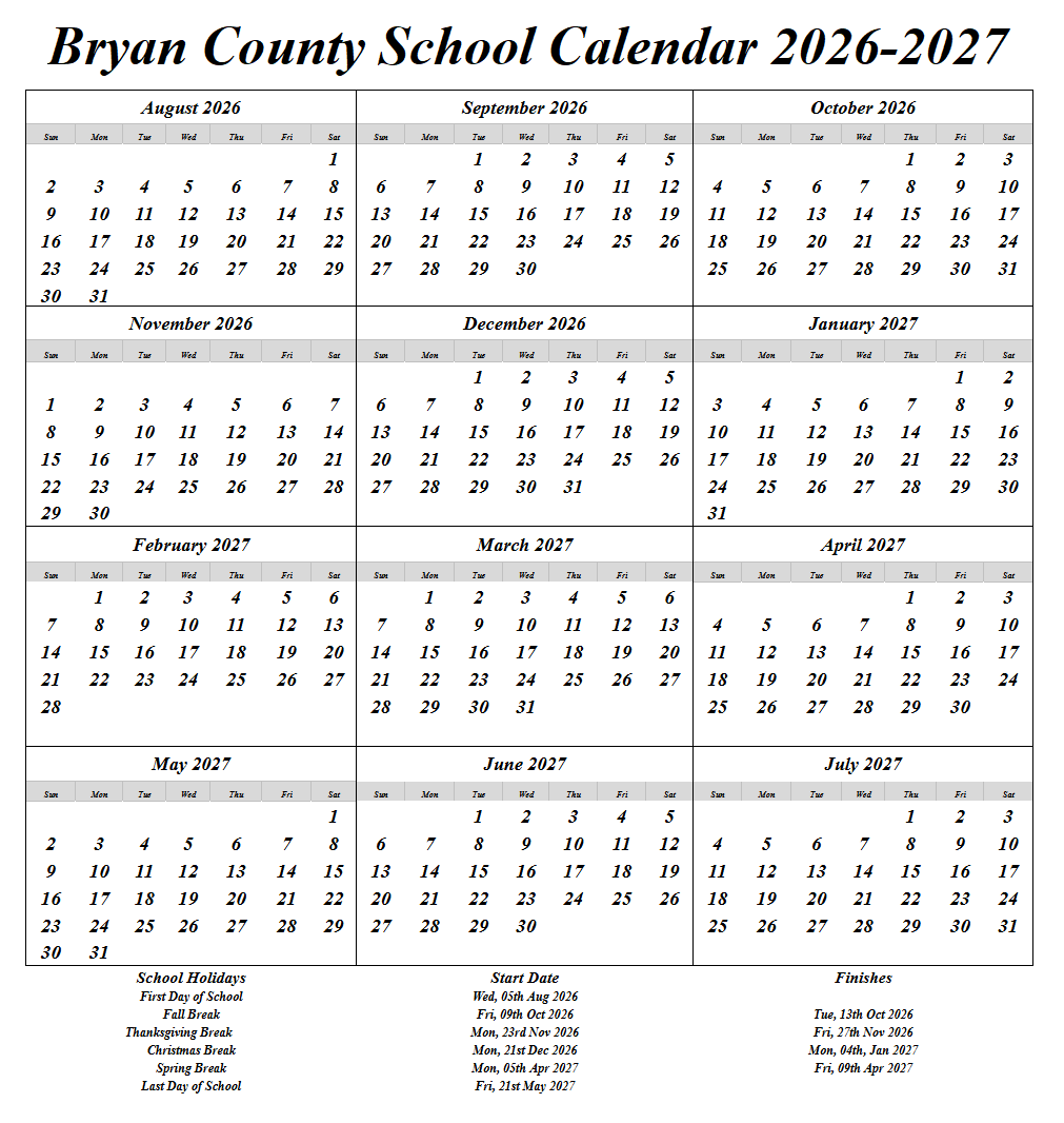 Bryan County School Calendar 2026-2027