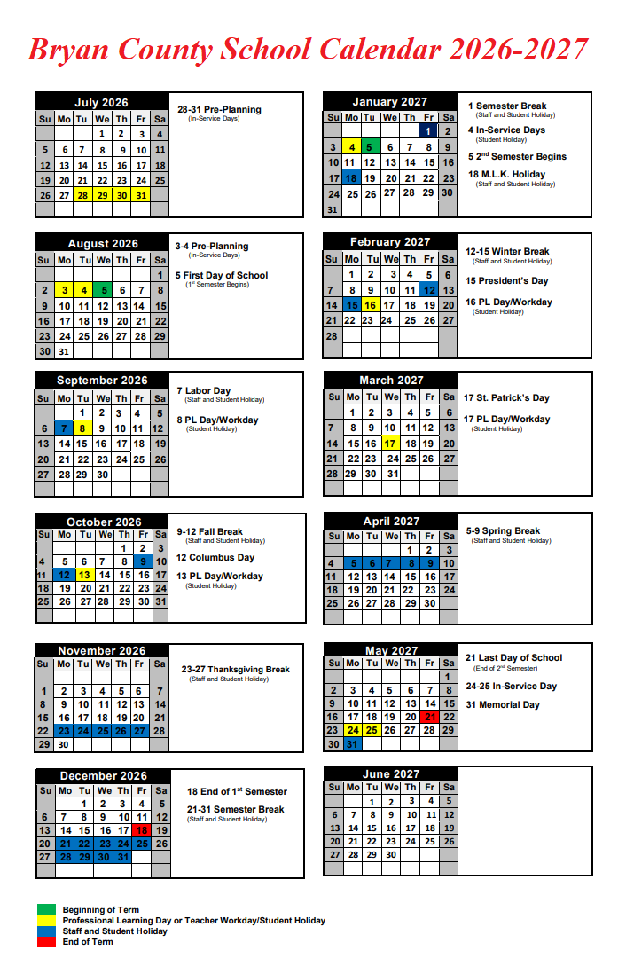 Bryan County School Holidays Calendar 2026-2027