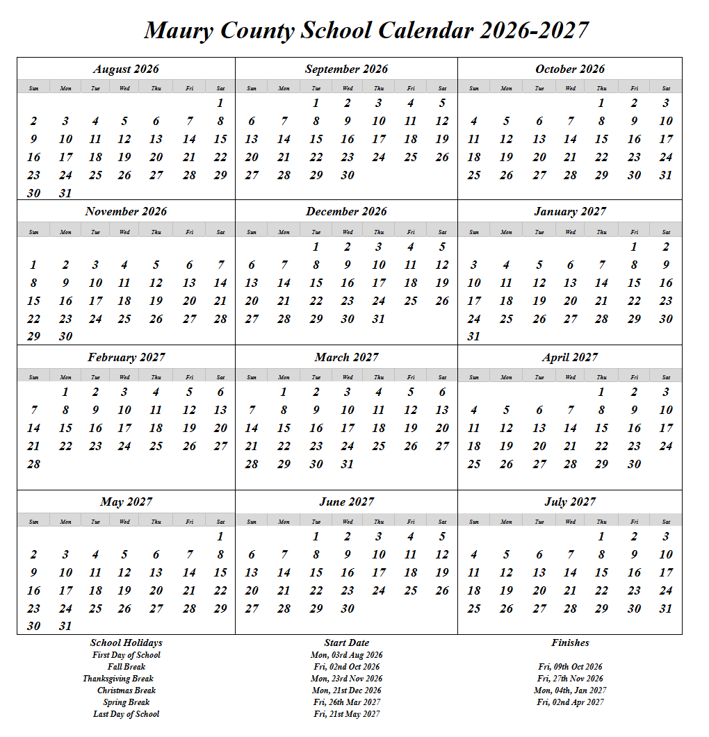 Maury County School Calendar 2026-2027