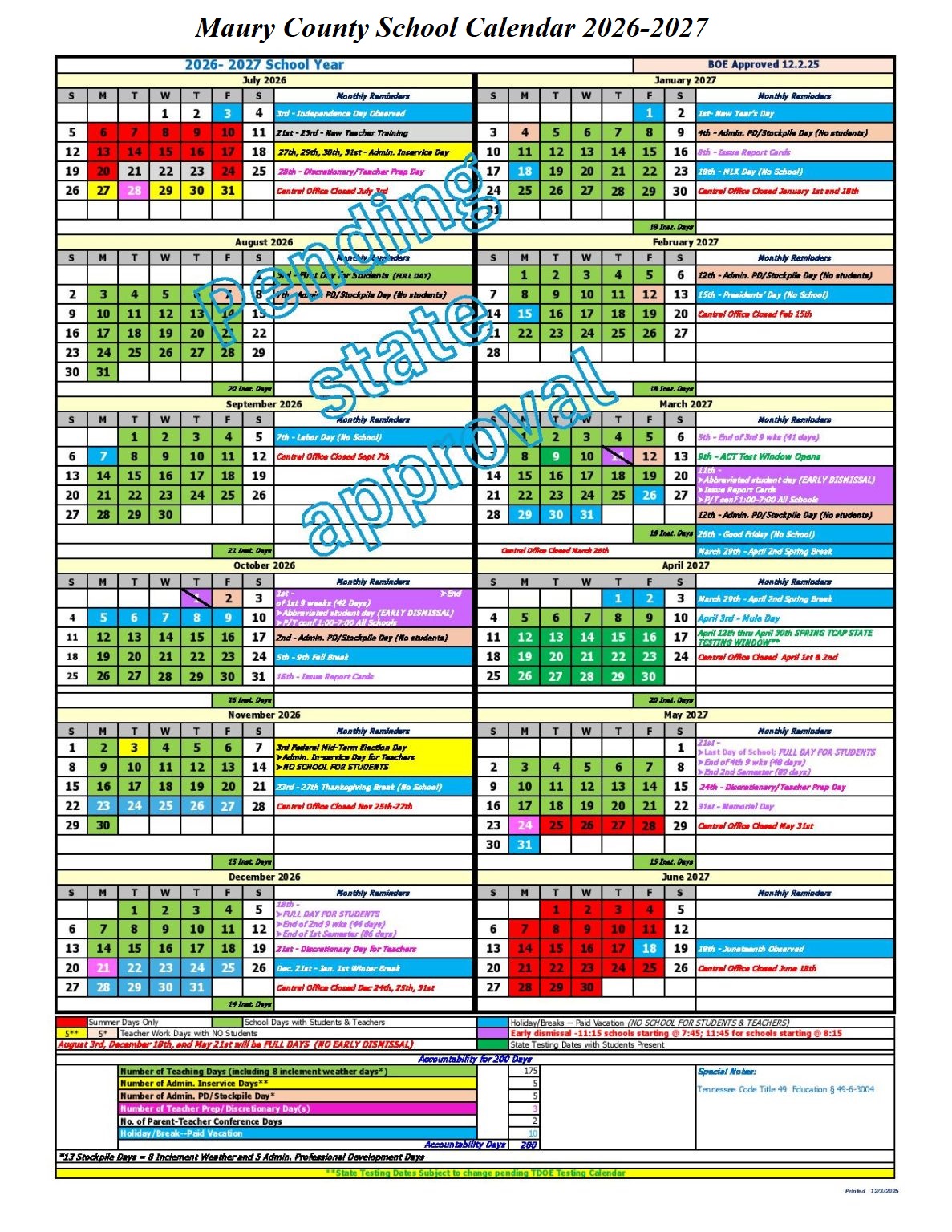 Maury County School Holiday Calendars 2026-2027