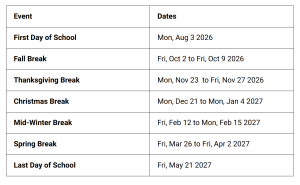 Maury County School Holidays 2026-2027