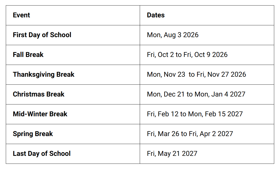 Maury County School Holidays 2026-2027