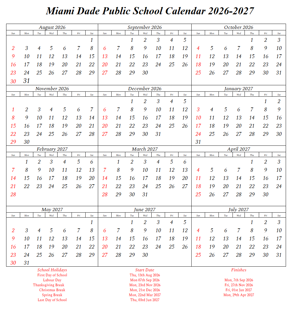 Miami Dade Public School Calendars 2026-2027