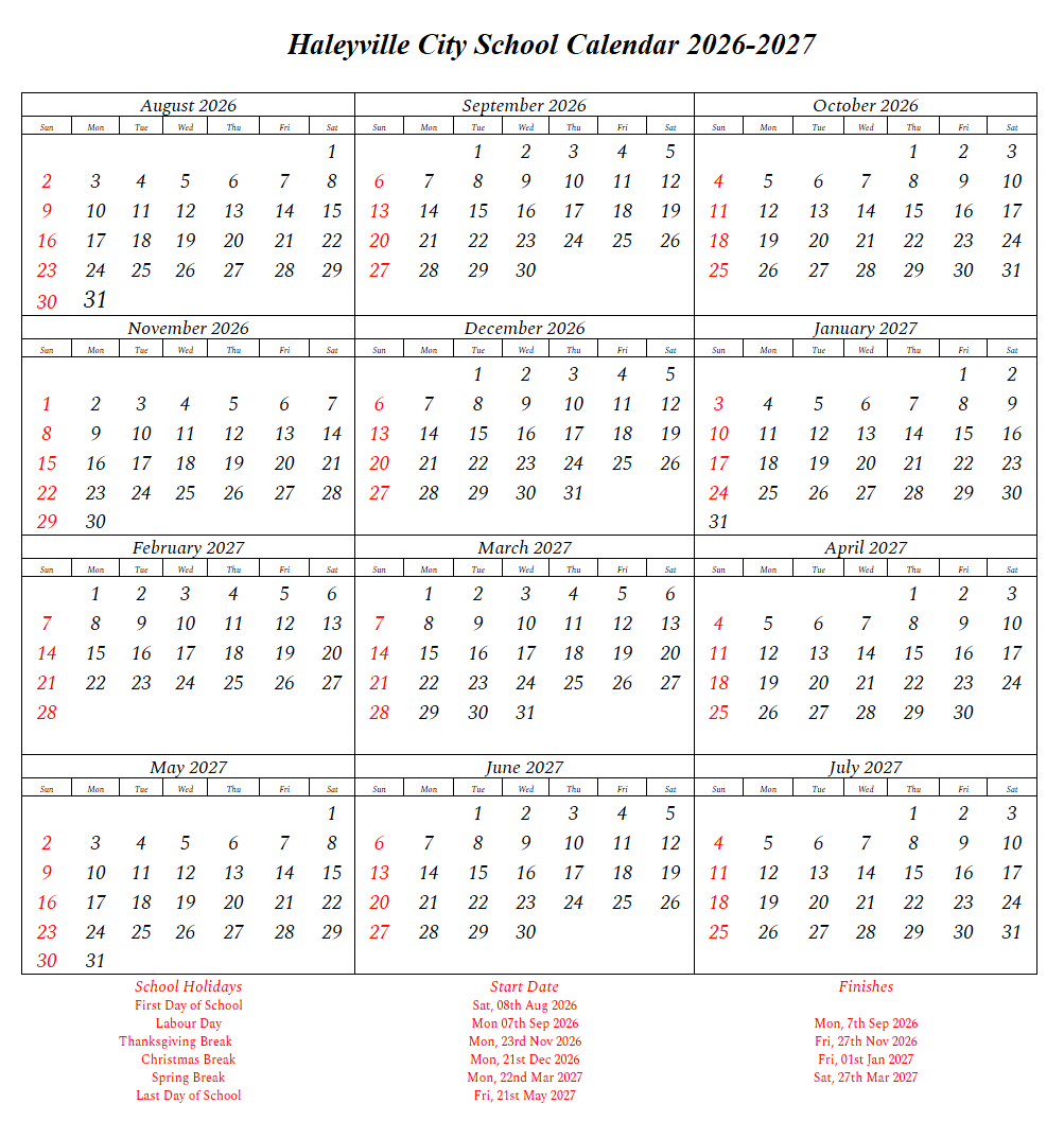 Haleyville City School Calendar 2026-2027